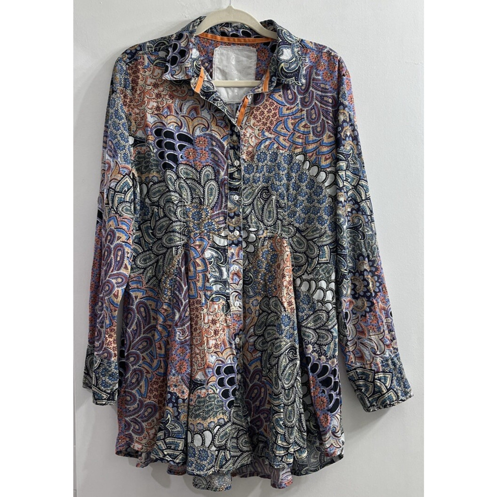 Cino Women's Paisley Blouse Top Button‎ Up Roll Tab Large Artsy Boho Colorful